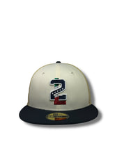Load image into Gallery viewer, 59Fifty LMB Tecolotes de los 2 Laredos &quot;2L&quot; Game Cap Away 3T Chrome/Vegas Gold/Navy - Black UV
