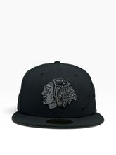 Load image into Gallery viewer, 59Fifty New Era Chicago Blackhawks Side Script Black on Black - Grey UV
