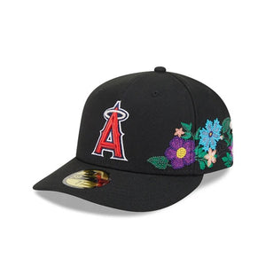 59Fifty Los Angeles Angels New Era Black Tonal Floral Pre Curved Fitted Hat - Green UV
