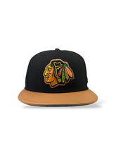 Load image into Gallery viewer, 59Fifty New Era Chicago Blackhawks &quot;Leather&quot; Black/Tan Fitted Hat - Green UV
