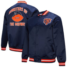 Load image into Gallery viewer, Mitchell &amp; Ness Men's Chicago Bears Double Down Full Snap Satin Jacket - Navy
