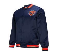 Load image into Gallery viewer, Mitchell &amp; Ness Men's Chicago Bears Double Down Full Snap Satin Jacket - Navy
