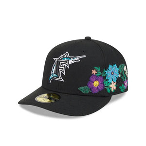 59Fifty Florida Marlins New Era Black Tonal Floral Pre Curved Fitted Hat - Green UV