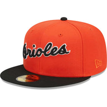 Load image into Gallery viewer, 59Fifty Baltimore Orioles Retro Jersey Script Orange/Black - Green UV
