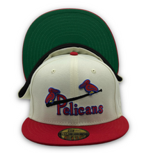 Load image into Gallery viewer, 59Fifty MiLB New Orleans Pelicans 1942 Jersey Front 2-Tone Chrome/Red - Green UV
