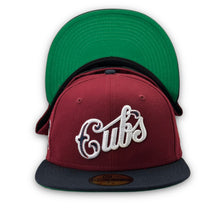 Load image into Gallery viewer, 59Fifty Chicago Cubs Script 100yrs at Wrigley 2-Tone Cardinal/Navy - Green UV &quot;BDIB&quot;
