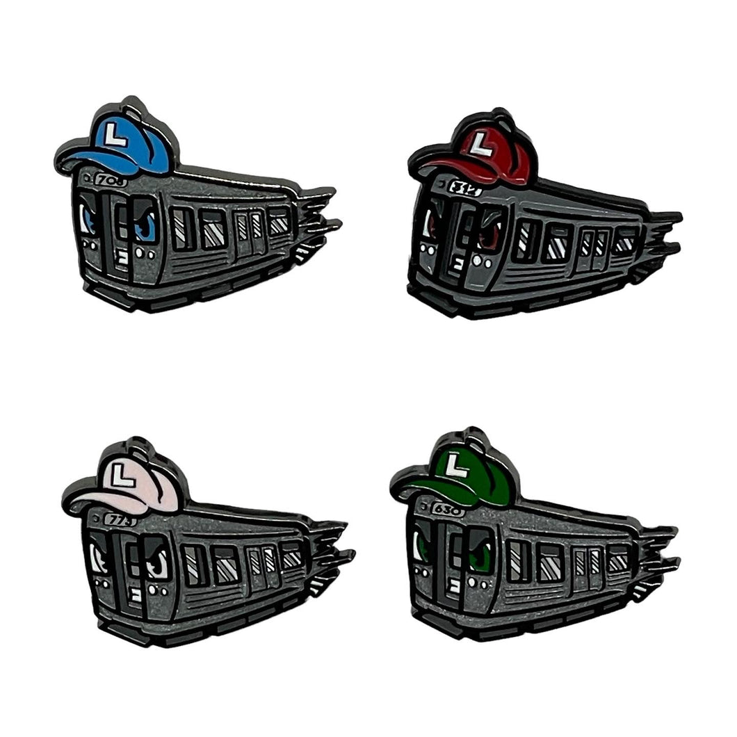 L-Train x Fitted Fanatic Complete 4 Pin Set (Red/Blue/Green/Pink) Line Hard Enamel Pin - 1.25in
