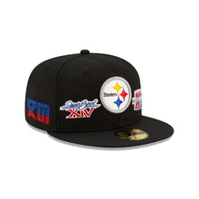 Load image into Gallery viewer, 59Fifty Pittsburgh Steelers 6x Super Super Bowl Champions Black- Grey UV
